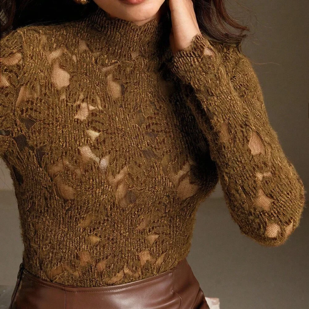 Brown Casual Women's Elegant Long Sleeve Hollow Out Stretchy T-Shirt